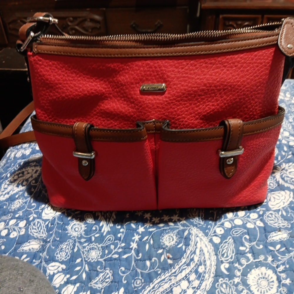 Chaps Red Pebbled Shoulder Bag with Brown Trim